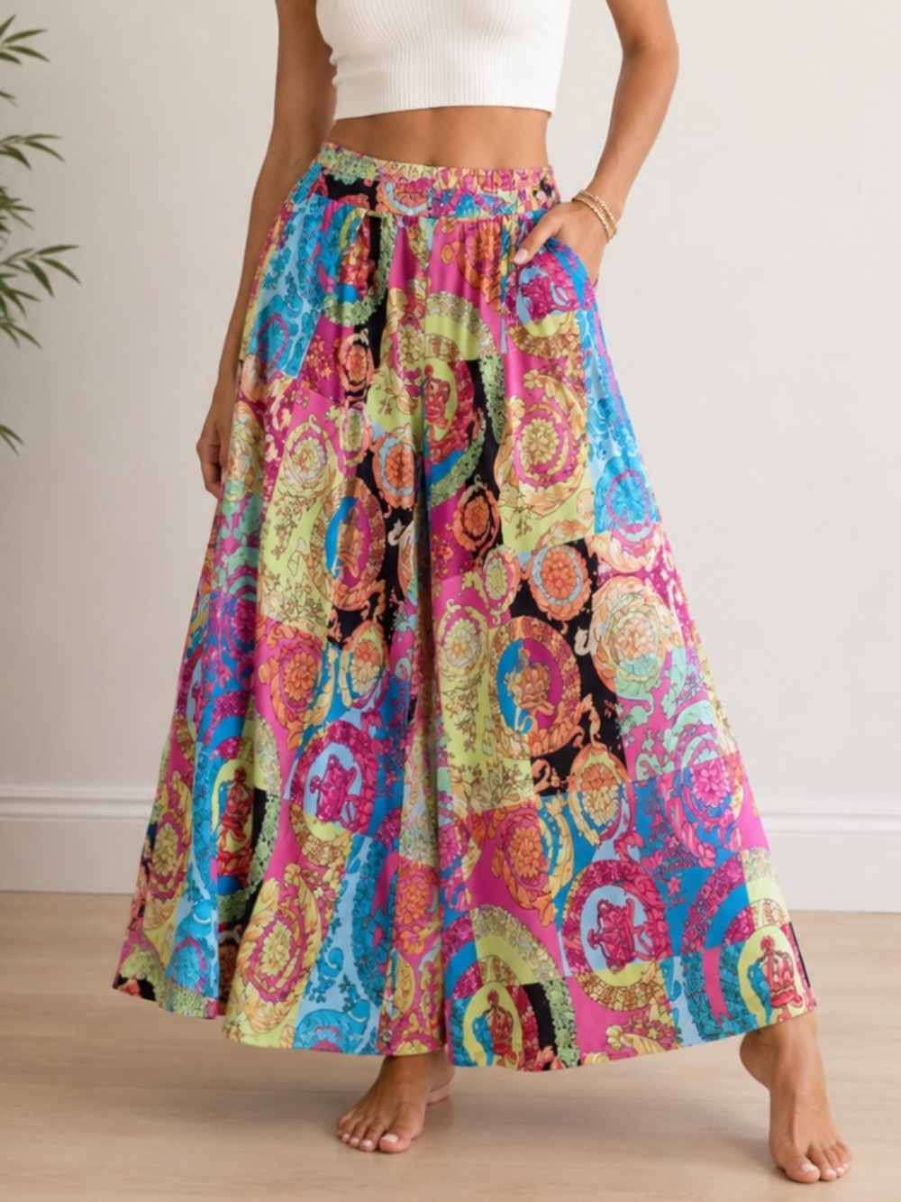NYLON APPAREL Super Wide-Leg Graphic Print Palazzo Pants Women's OS Made USA